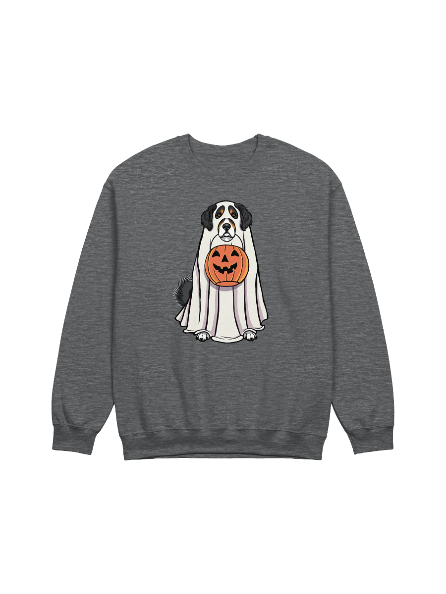 Funny Halloween Bernese Mountain Dog Sweatshirt | Funny Berner Wearing a Ghost Costume and Holding a Pumpkin Basket product image (3)