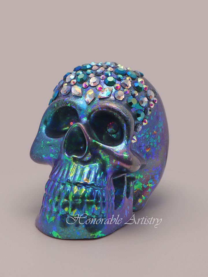 Blue-Green Colorshift Rhinestone Resin Skull product image (1)
