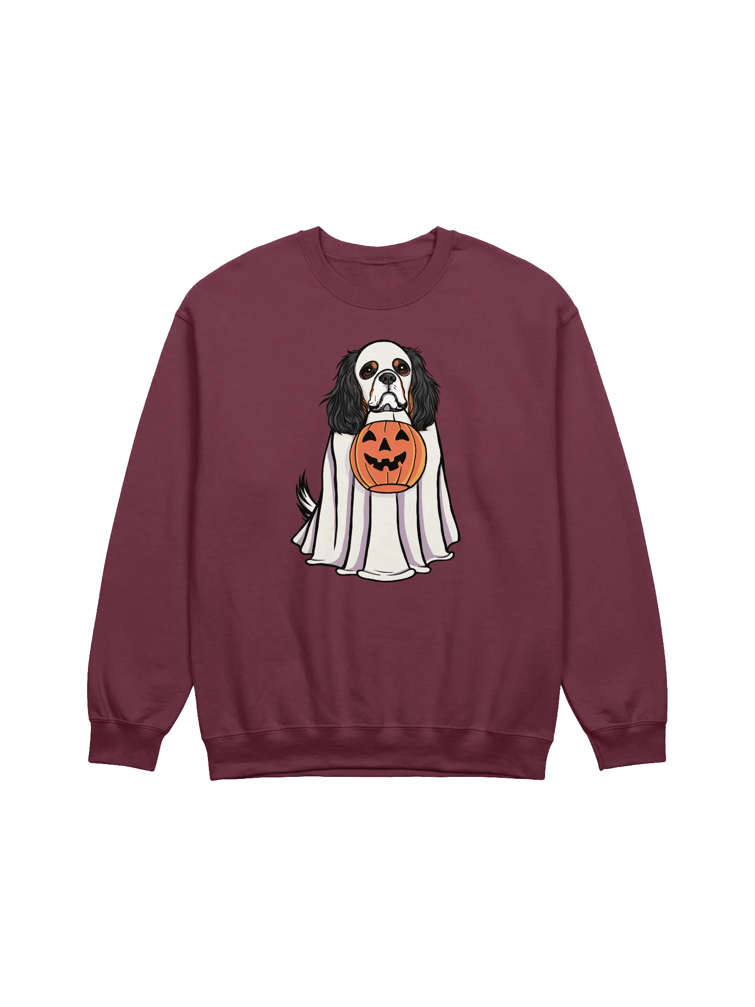 Funny Halloween Cavalier King Charles Spaniel(Tricolor) Sweatshirt | Funny Cavalier Wearing a Ghost Costume and Holding a Pumpkin Basket product image (8)