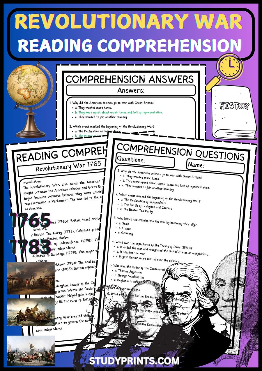 the American Revolutionary War READING COMPREHENSION WORKSHEET WITH 8 QUESTIONS PDF product image (1)