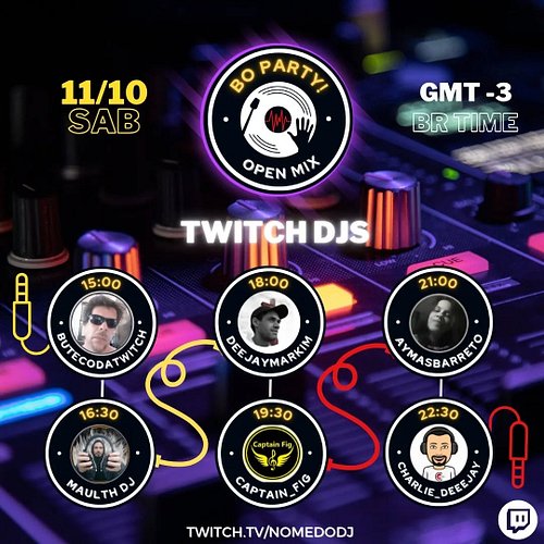 🔴🟡⚫🟡🔴

BO Party - Open Mix

Line-up
 • 15h00 - butecodatwitch
 • 16h30 - maulthdj
 • 18h00 - deejaymarkim
 • 19h30 - captain_...