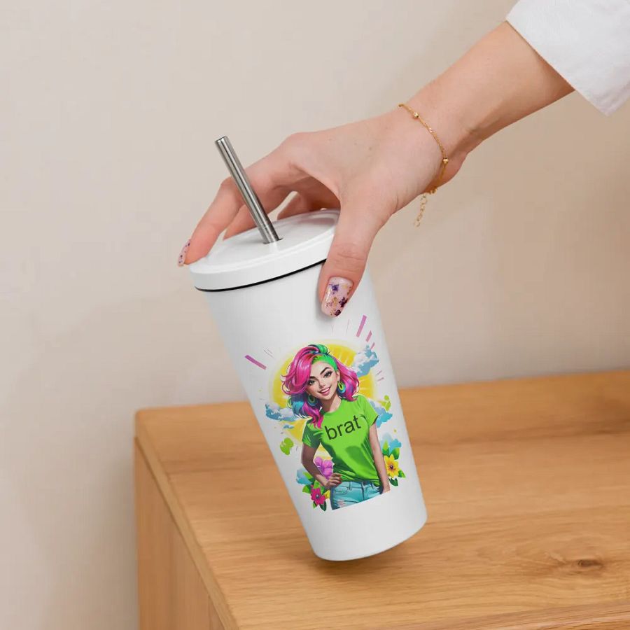 Brat 20 oz Tumbler Cup - White - Insulated Tumbler with a Straw v5 product image (6)
