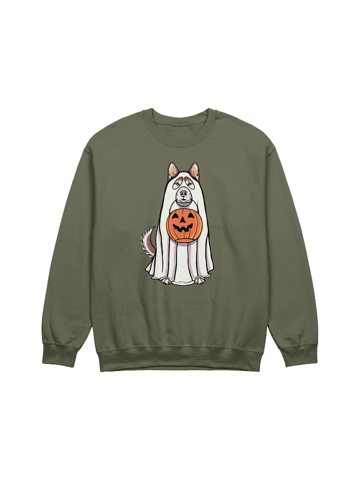 Funny Halloween Siberian Husky(Red) Sweatshirt | Funny Husky Wearing a Ghost Costume and Holding a Pumpkin Basket product image (1)