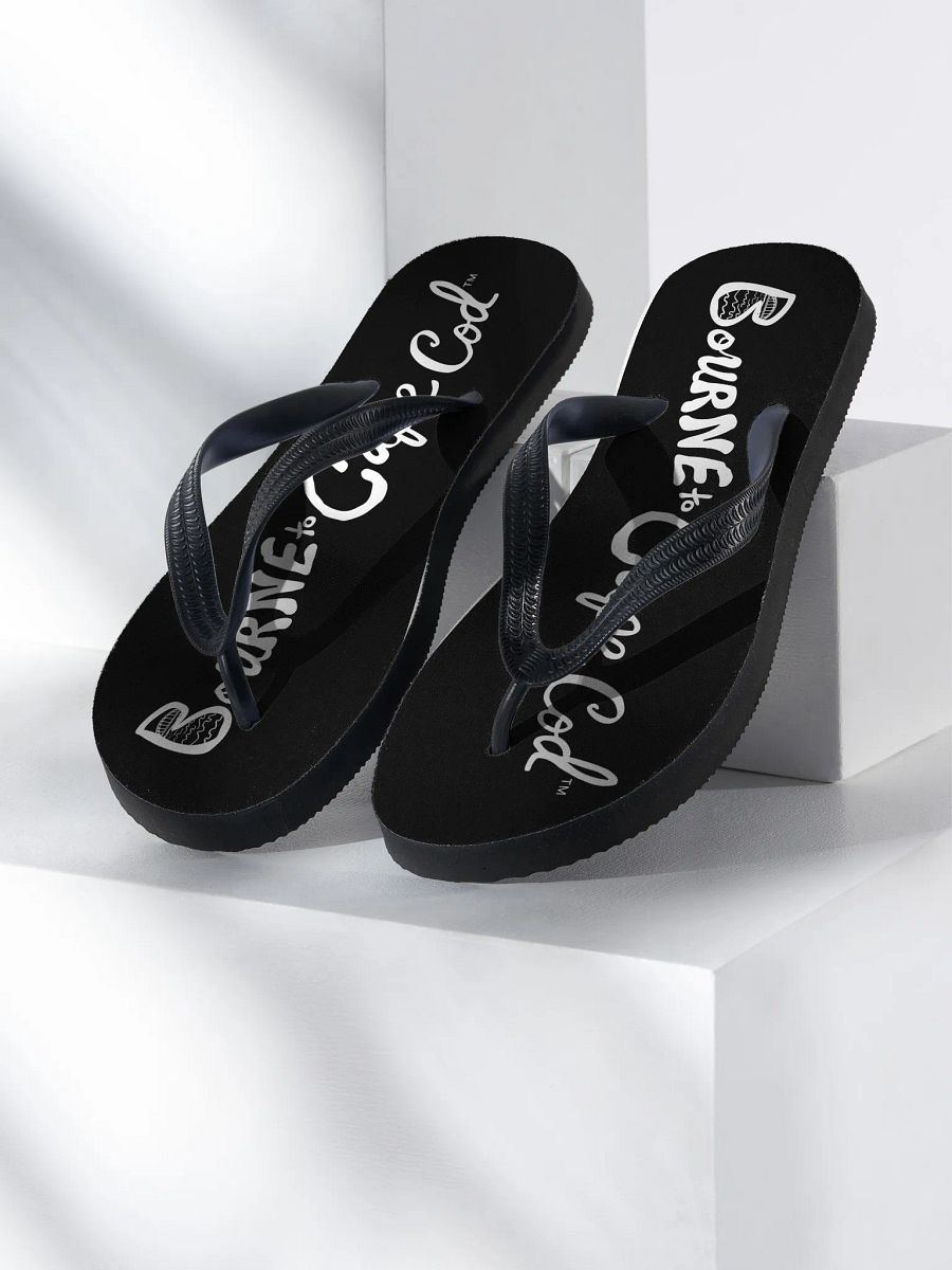 BOURNE to Flip Flop™ | Cape Cod Vibes for Your Soles | Horizontal Logo Sandals | White Logo on Black product image (1)