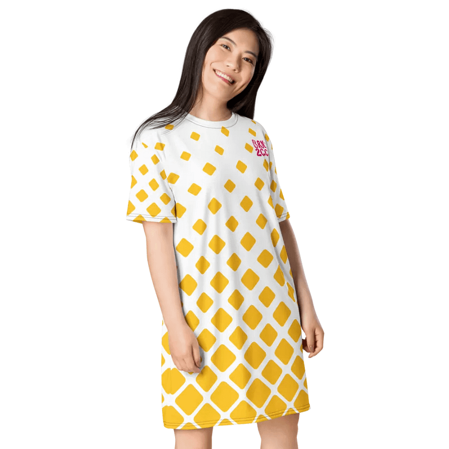 BOURNE to Cape Cod™ T-Shirt Dress | Hot Pink Logos on Mod Yellow Diamond Pattern product image (4)