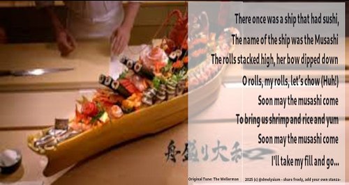 my son showed me this sushi boat made after the irl Musashi. All that came to mind were these words:
