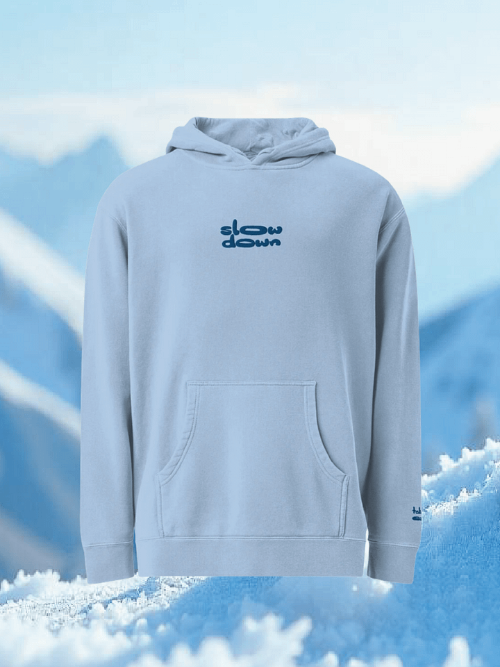 Powder Blue Embroidered 'Slow Down' Pigment-Dyed Hoodie product image (1)
