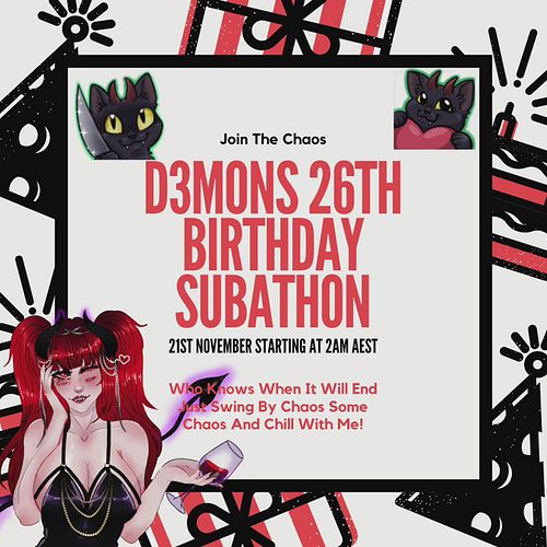 Getting closer!!!! 3 days till subathon!!!! Super keen for the chaos and see what happens! And can't wait to do giveaways for...