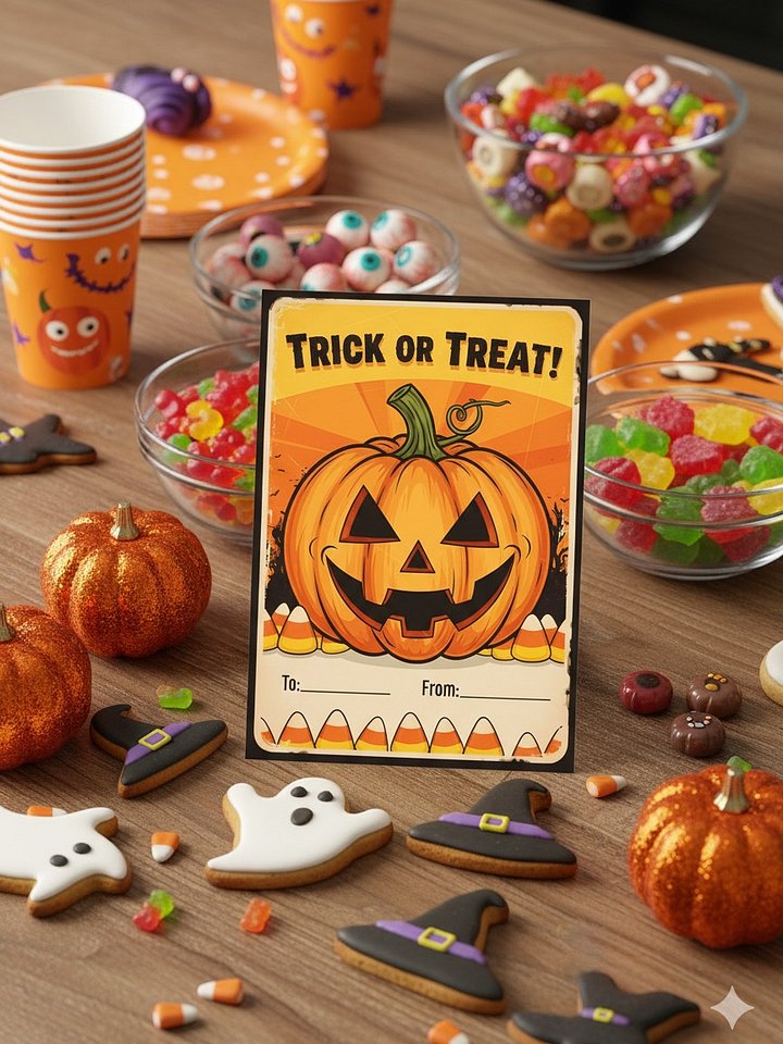 Trick or Treat Card, Happy Halloween Card, Printable Trick or Treat, Halloween Gift Tag, Jack O Lantern Card, Candy Corn Theme product image (1)