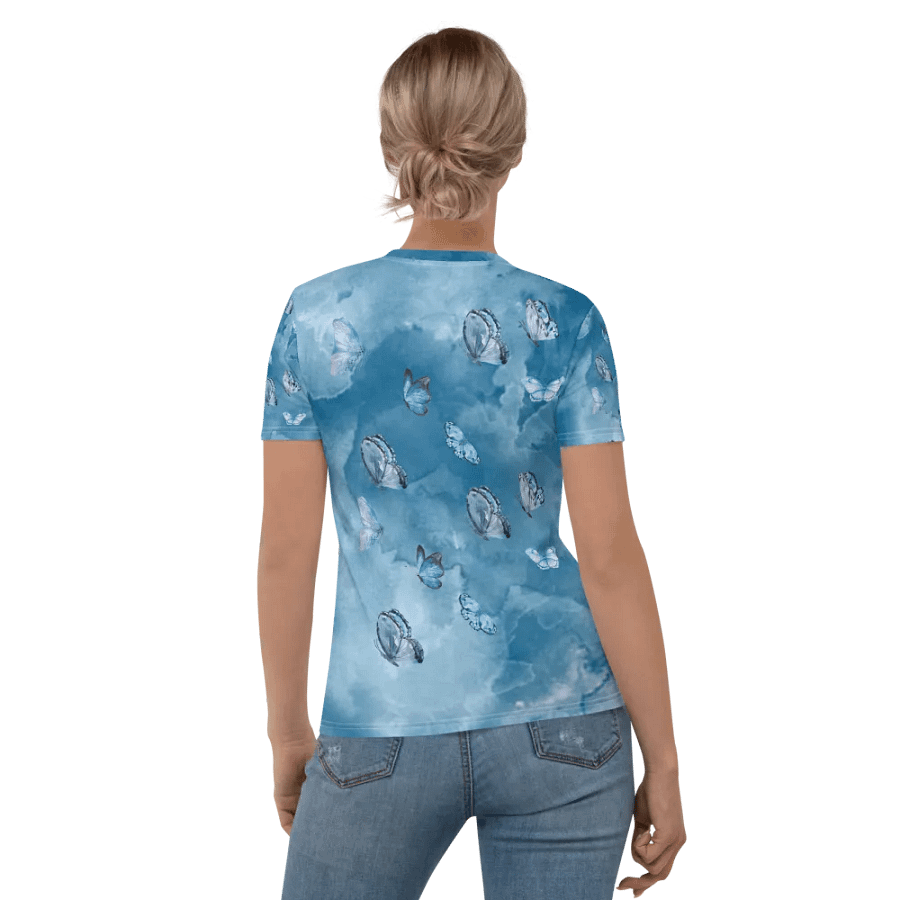 Womens all over printed t shit with light blue water color design with butterflies product image (1)
