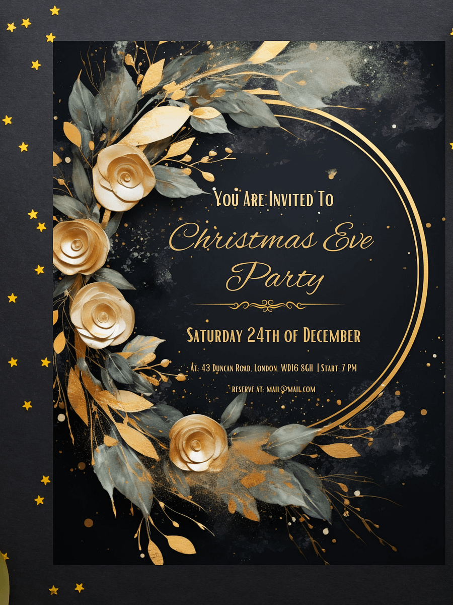 3D Golden Roses Christmas Eve Party Invitation | Editable in Canva | Christmas Party Printable | Holiday Invitation Template | Link to Canva product image (4)