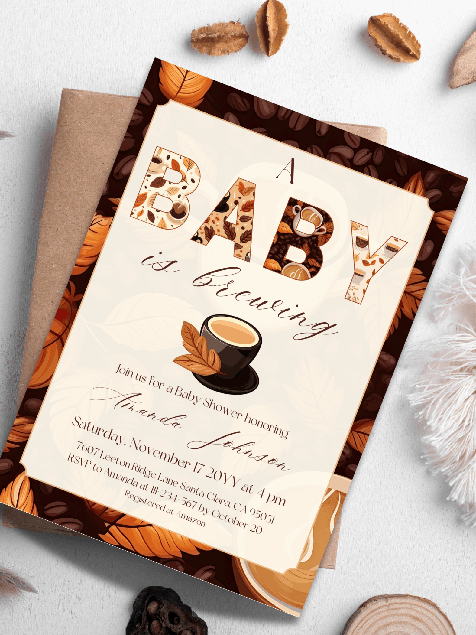 Coffee Themed Baby Shower Invitation Template, Rustic A Baby is Brewing Party, Coffee Brunch Baby Shower Invite Idea, Digital Download Canva product image (1)