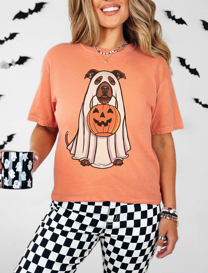 Funny Halloween Staffordshire Terrier(Red) T-Shirt | Funny Staffy Wearing a Ghost Costume and Holding a Pumpkin Basket product image (19)