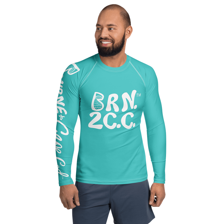 BRN.2C.C.™ /BOURNE to Cape Cod™ | Men’s Long Sleeve Rash Guard | UPF 50+ Active Coastal Shirt | White Logos on Dark Turquoise product image (1)