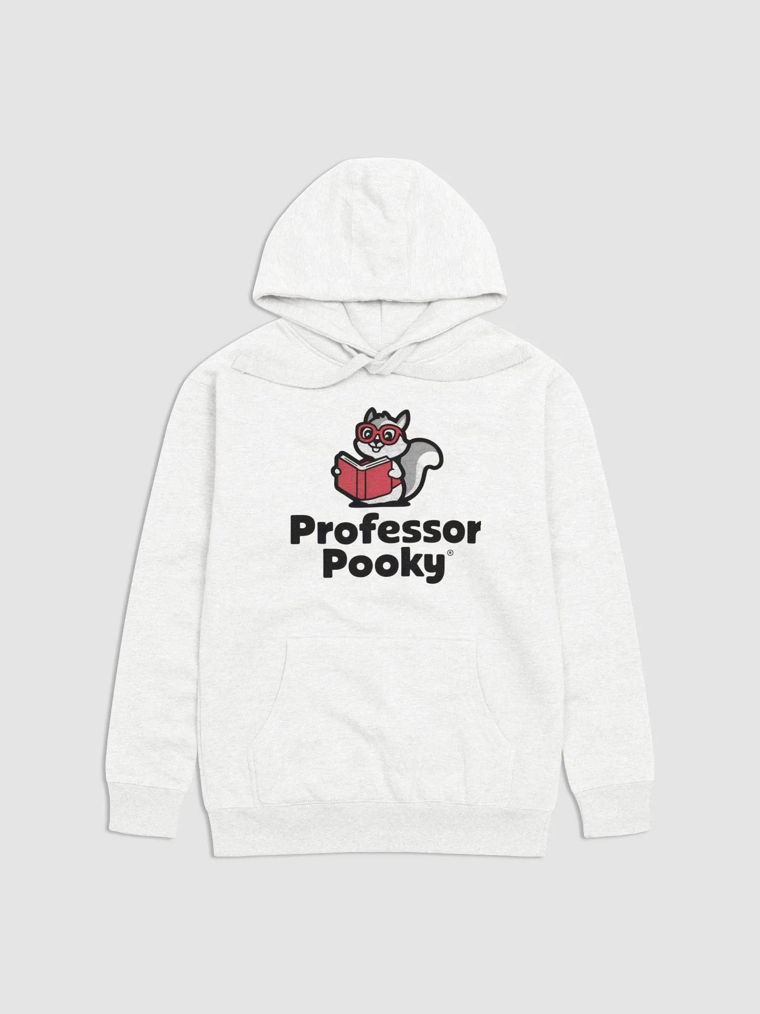 Super Soft and Comfy Hoodie: Professor Pooky, Red book, greyscale squirrel, minimal product image (1)