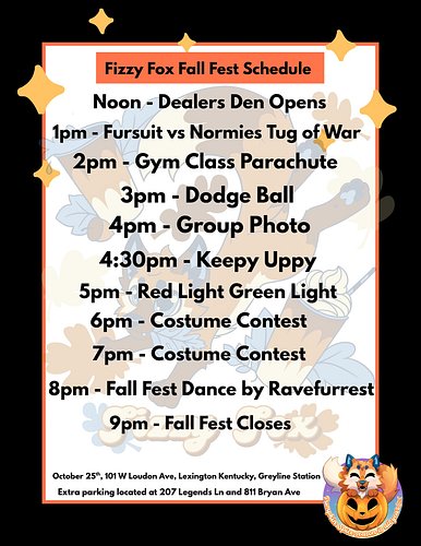 Here is the Fizzy Fox Fall Fest Event Schedule! 
*costumes not required to participate in activities!*

Costume Contest Rules...