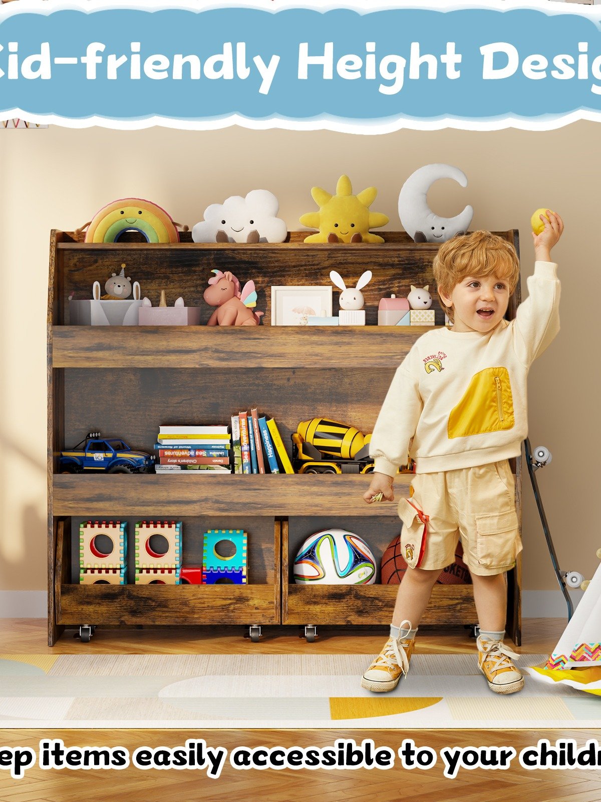 3-Tier Portable Toy Storage, Kids Toy Organizer W/2 Removable Bins with 4 Wheels（Brown) product image (7)