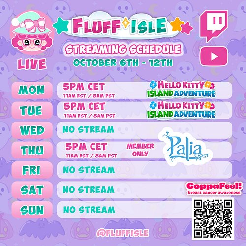 My schedule for this next week: #hkia #hellokittyislandadventure #palia 

Raising money for @coppafeel