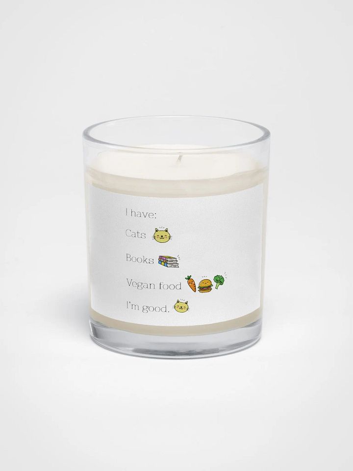 “Cats, Books, and Vegan Food” Soy Wax Glass Jar Candle product image (1)