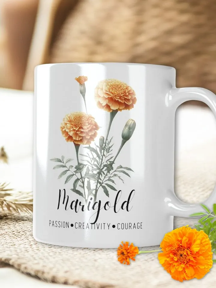 Marigold Ceramic White Mug: Passion, Creativity, Courage October Birth Month Flower product image (2)