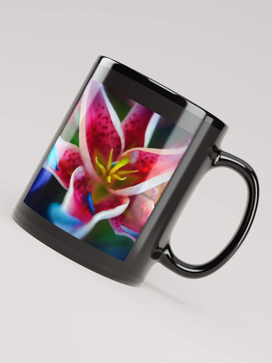 Blue Petals on a Pink and White Lily Black Coffee Mug product image (4)