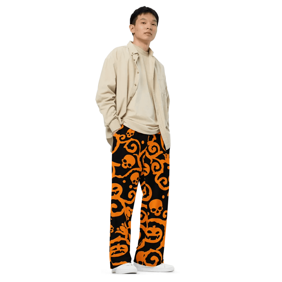 Orange & Black Scary Pumpkins Skull Unisex Wide-Leg Pants product image (3)