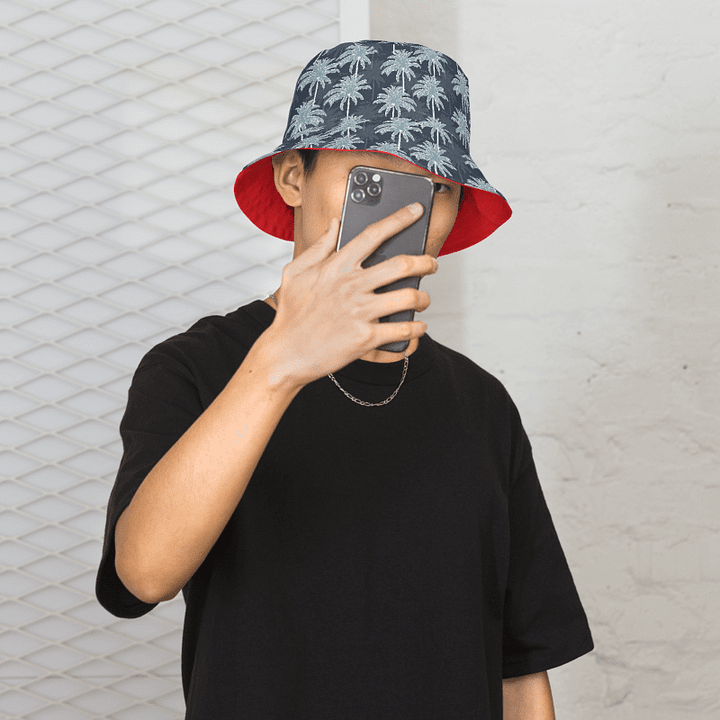 Tropical Palm Tree Bucket Hat – Navy & Ice Blue with Red Interior product image (2)