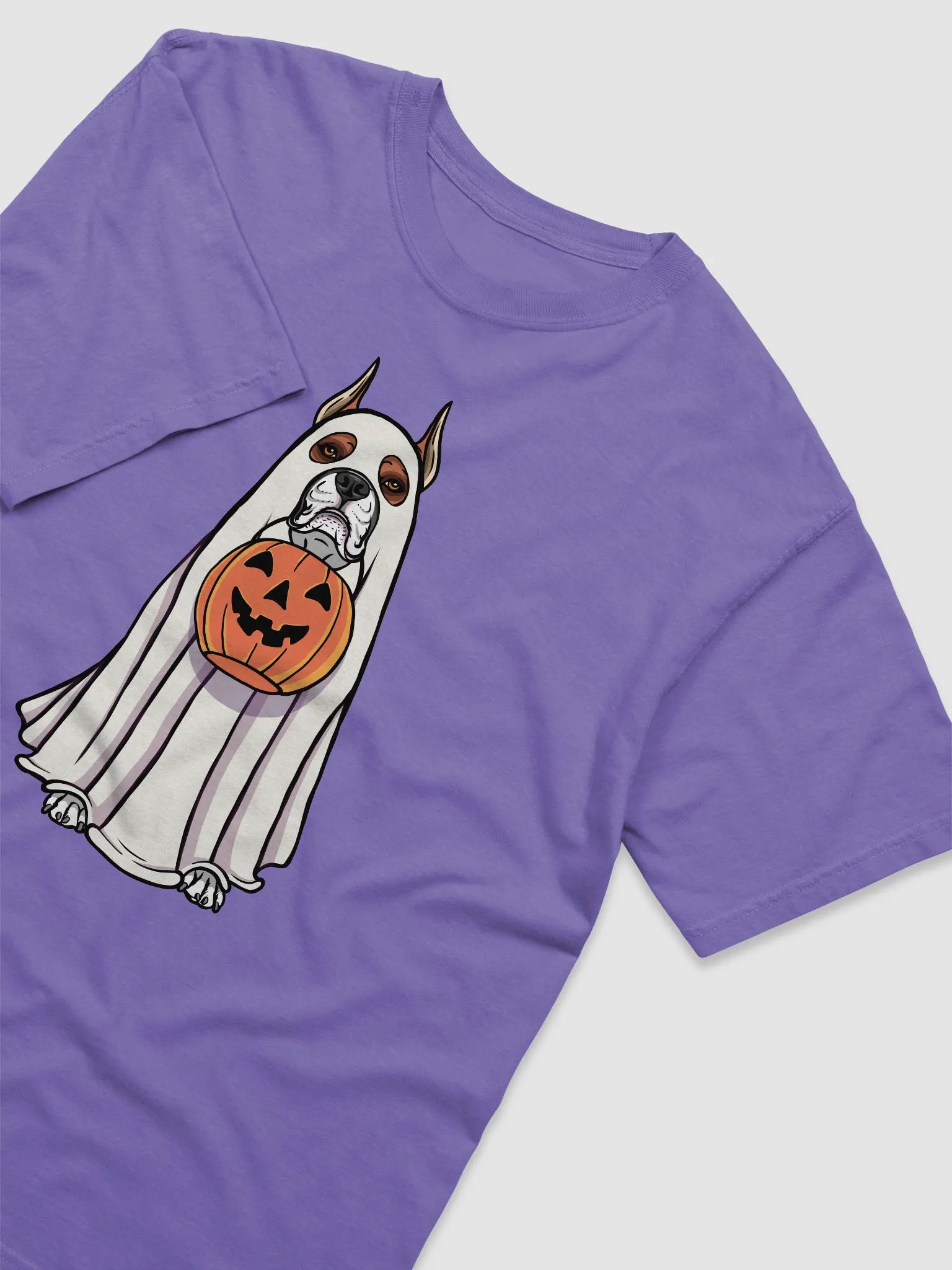 Funny Halloween Boxer Dog(Cropped Ears) T-Shirt | Funny Boxer Wearing a Ghost Costume and Holding a Pumpkin Basket product image (30)