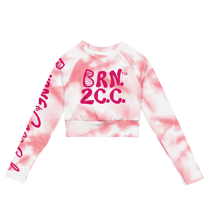 BOURNE to Cape Cod™ Crop Top | BRN.2C.C.™ Coastal Bold | Recycled Long Sleeve Statement Wear 🌊💃☀️ | Vibrant Pink Logos on Pink Tie-Dye product image (2)