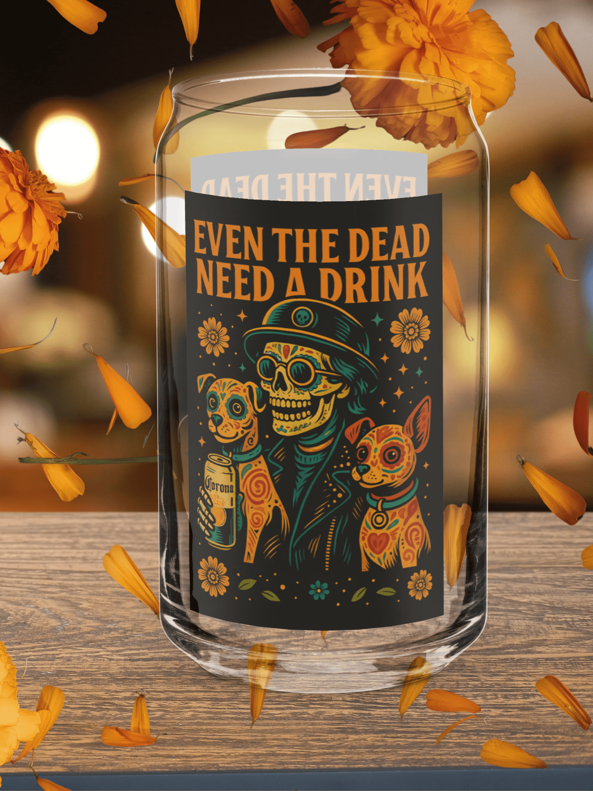Mel’s Angels “Even the Dead Need a Drink” Can-Shaped Glass – Dia de los Muertos Dog Lover Barware, 16oz product image (1)
