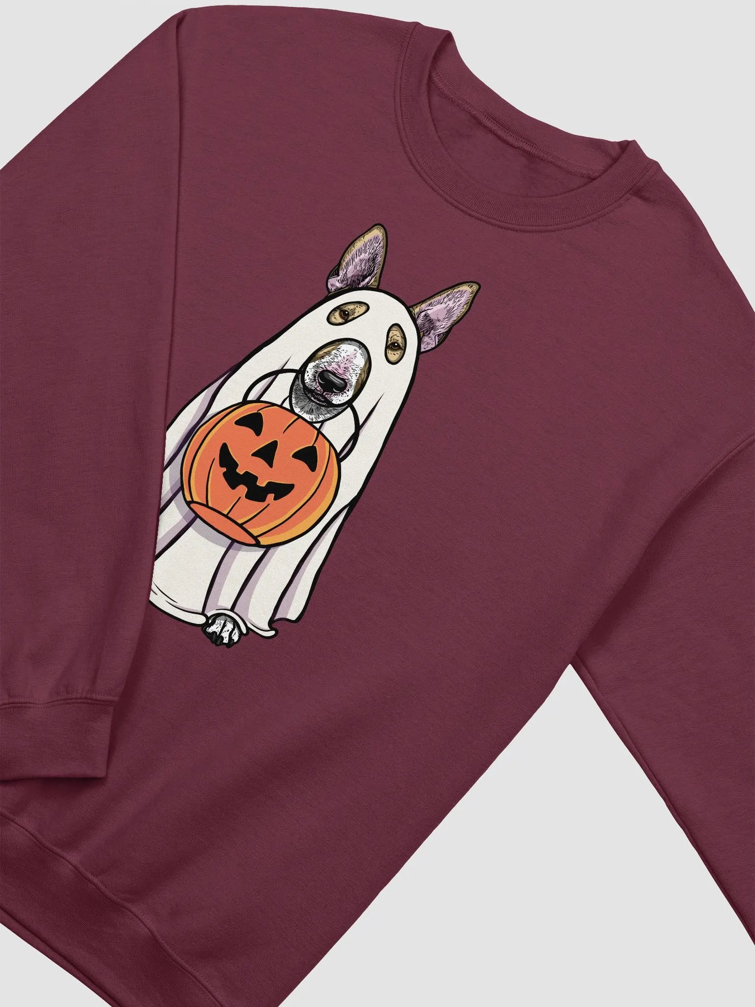 Funny Halloween Bull Terrier(Fawn) Sweatshirt | Funny Dog Wearing a Ghost Costume and Holding a Pumpkin Basket product image (13)