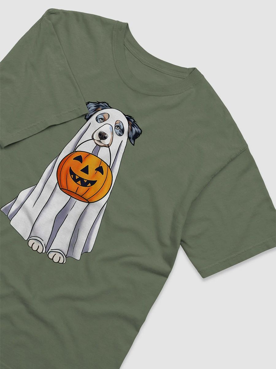 Australian Shepherd Halloween Tee | Funny Halloween Aussie Wearing a Ghost Costume & Pumpkin Basket product image (3)
