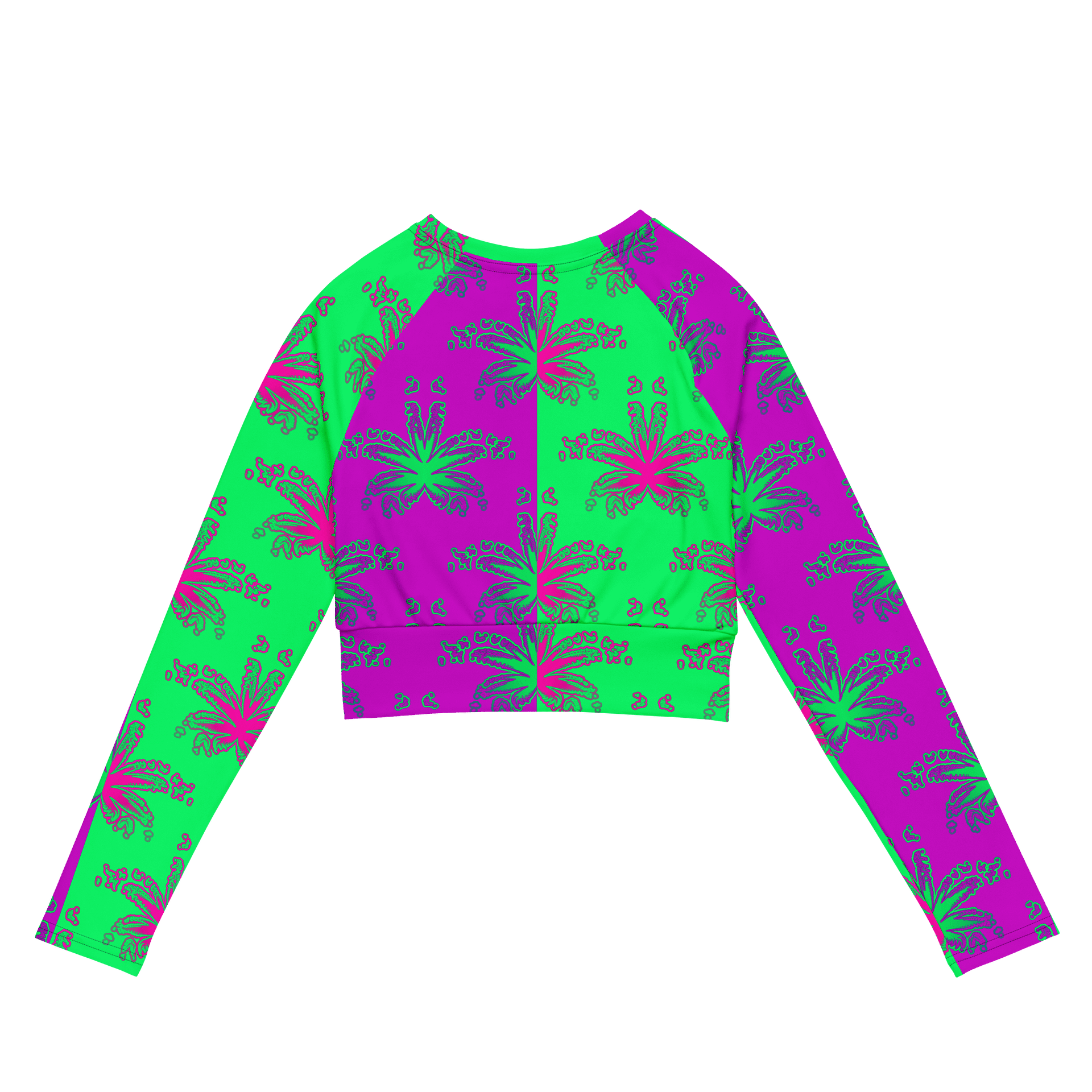 Pot Leaf Print Recycled Long-Sleeve Crop Top, 420 Stoner Circus Stripe Shirt, Cannabis Summertime Purple Mint Green Ganja Weed Beach Fashion product image (3)