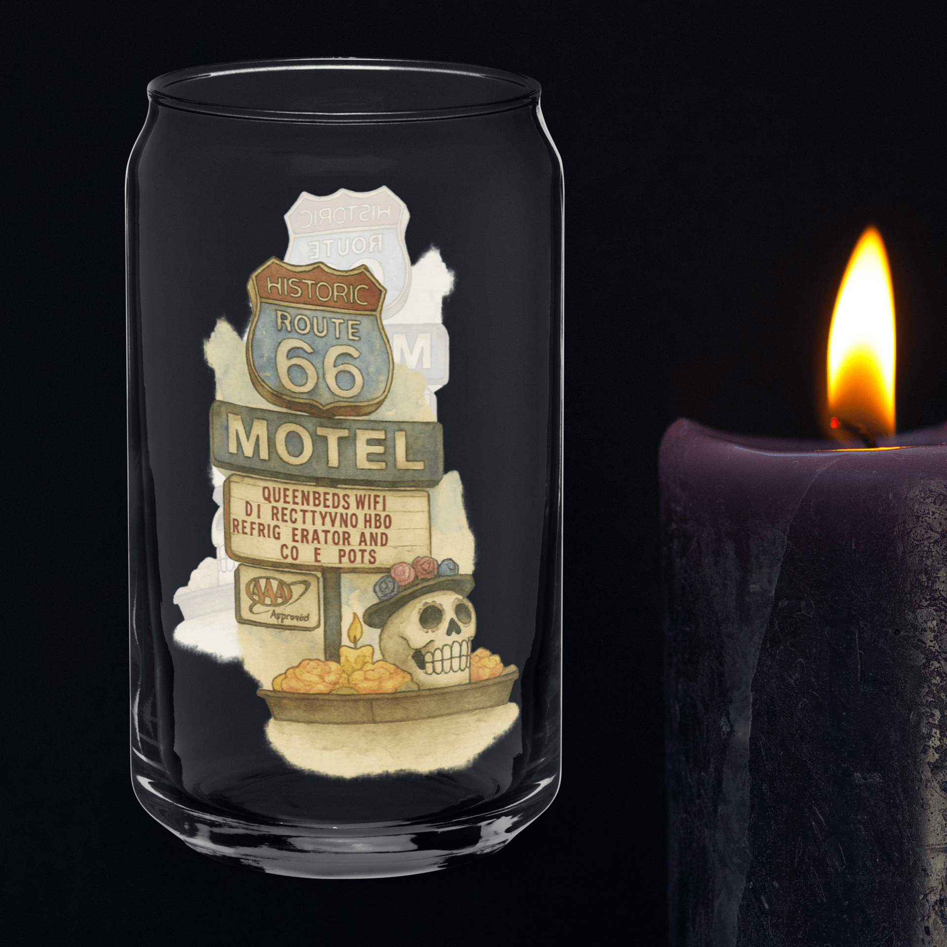 Route 66 Motel Glass – Vintage Skull & Flowers Can-Shaped Pint product image (3)