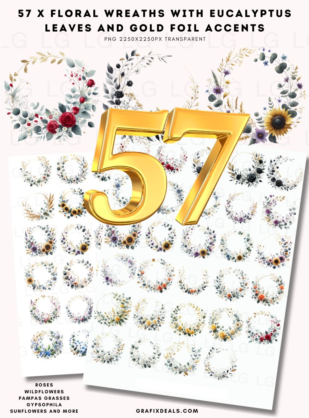 Graphics Bundle - 57 x Floral Wreaths - Commercial POD Use product image (1)