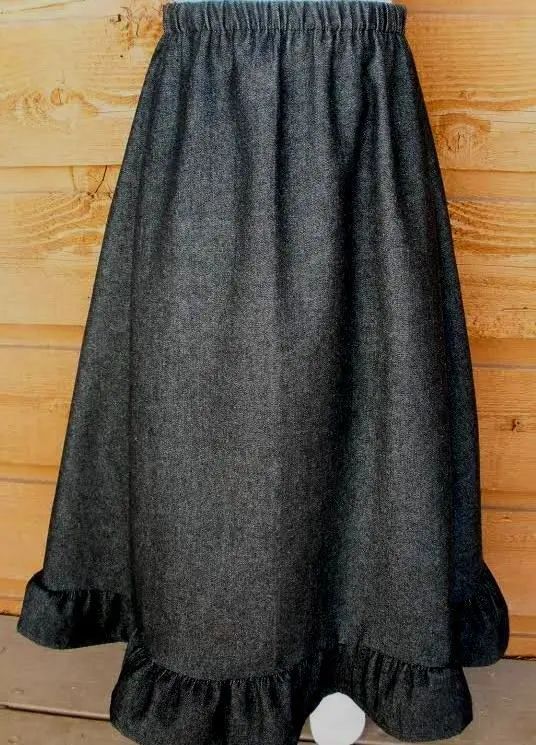 Girl long full skirt denim black jean w/ ruffle modest size 3 4 5 6 7 8 10 12 14 product image (1)