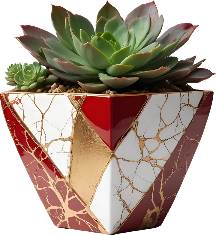 Kintsugi Elegance – Red and White Geometric Pot PNG product image (1)