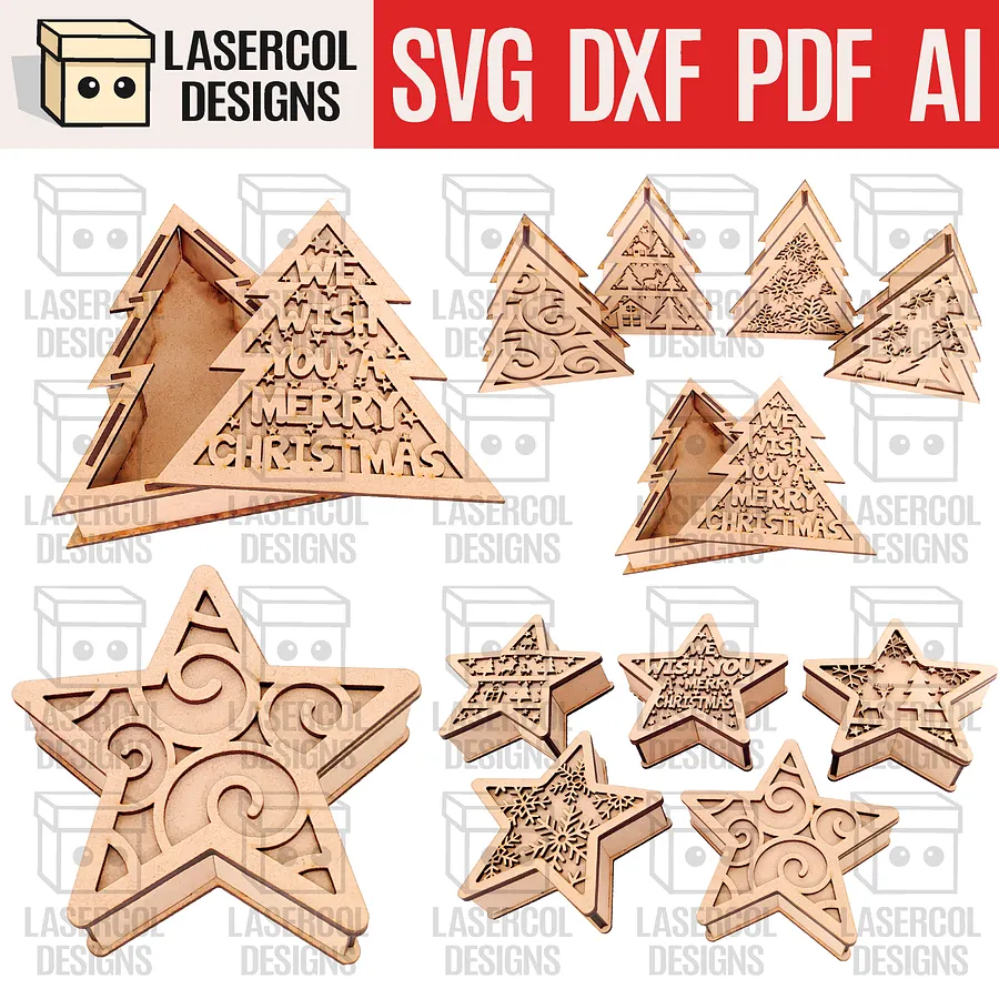 Christmas Tree and Star Box Bundle (2 Sizes, 5 Styles) - Laser Cut Files product image (1)