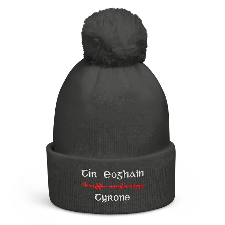 Tyrone/Tír Eoghain, Orthodox style Ogham, red and white, embroidered Pom-Pom Beanie product image (4)
