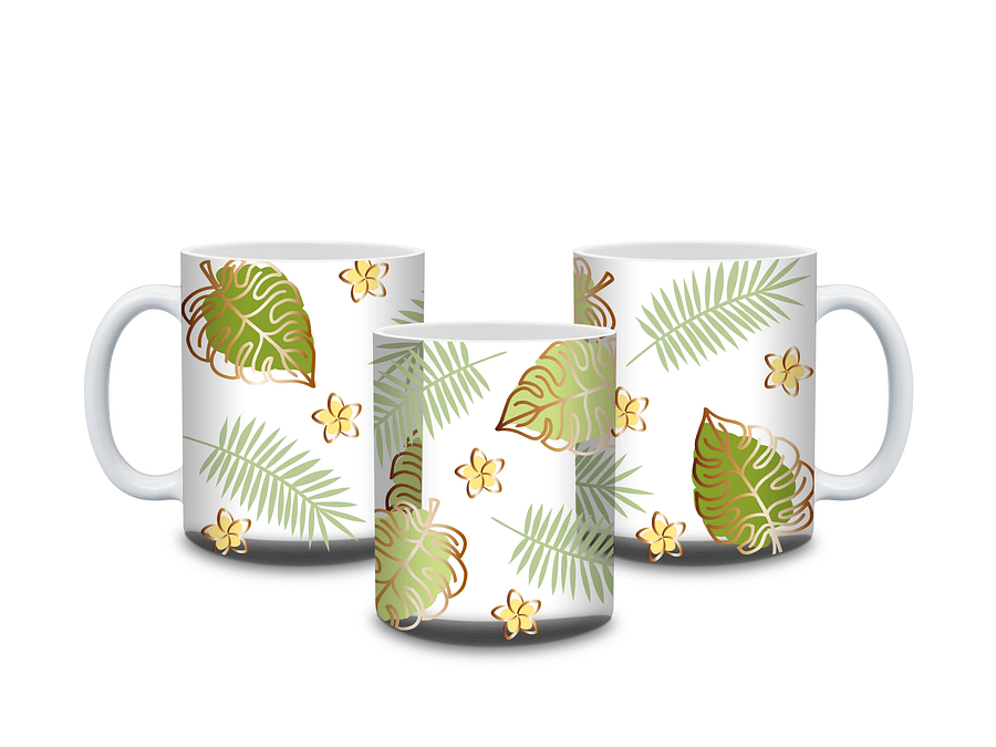 (Gold Border) Tropical Leaves and Flowers 11oz Coffee Mug – Nature-Inspired Ceramic Cup with Monstera and Floral Design – Perfect Gift for Plant Lovers product image (4)