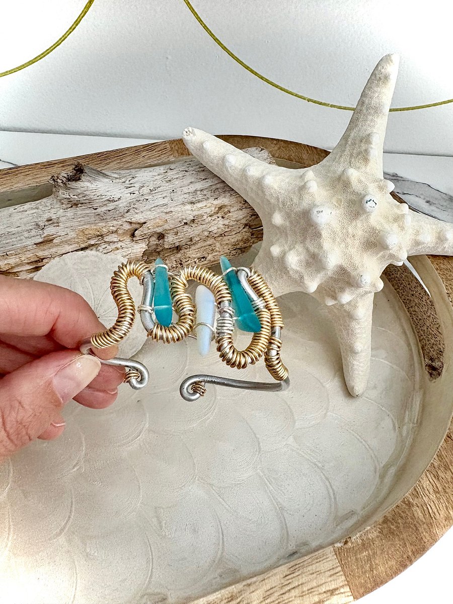 MFD-00229 | Ocean Embrace | Adjustable Sea Glass & Wire-Wrapped Cuff Bracelet | Handmade Coastal Jewelry by Monique Faella Designs™ product image (4)