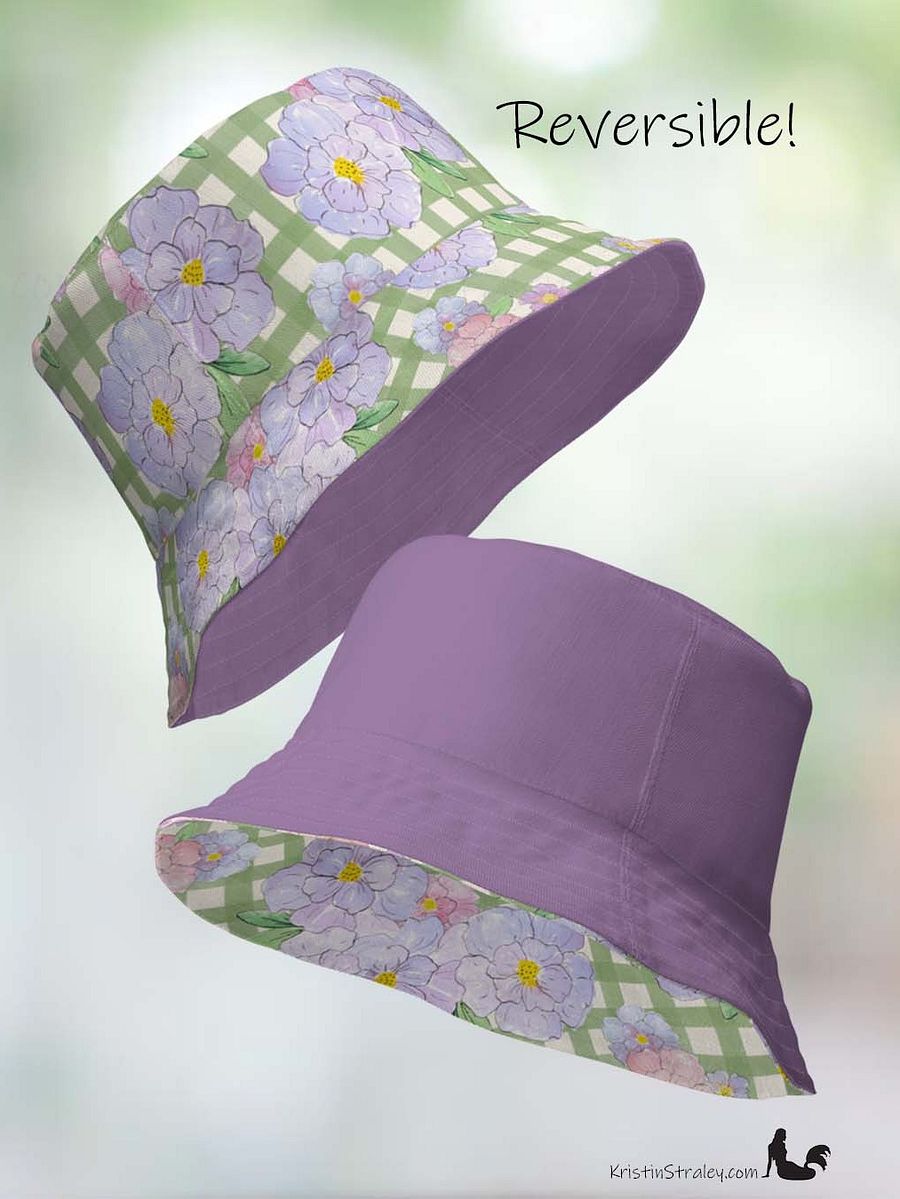 Reversible Bucket Hat Lavender Flowers on Gingham and Solid Plum product image (2)