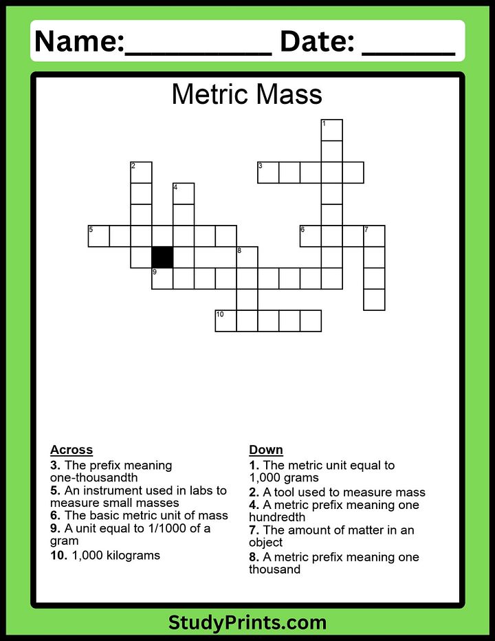 Metric Mass Crossword Puzzle Worksheet product image (1)