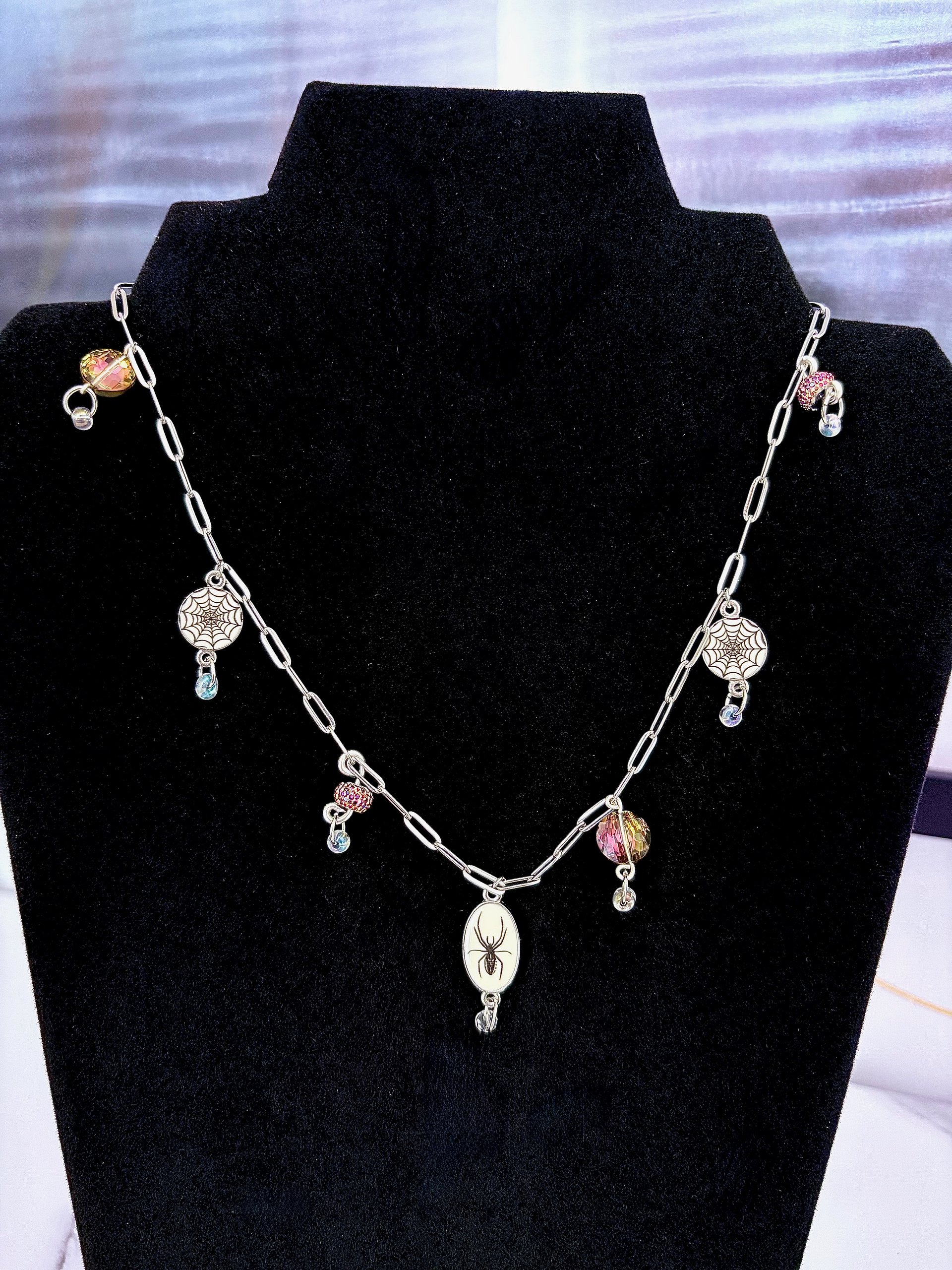 MFD-00248 | Spooky Arachnid Charm Necklace | Spider & Web Charms, Sparkly Gothic Beads, Stainless Steel Paperclip Chain | Handmade Jewelry by Monique Faella Designs™ product image (1)