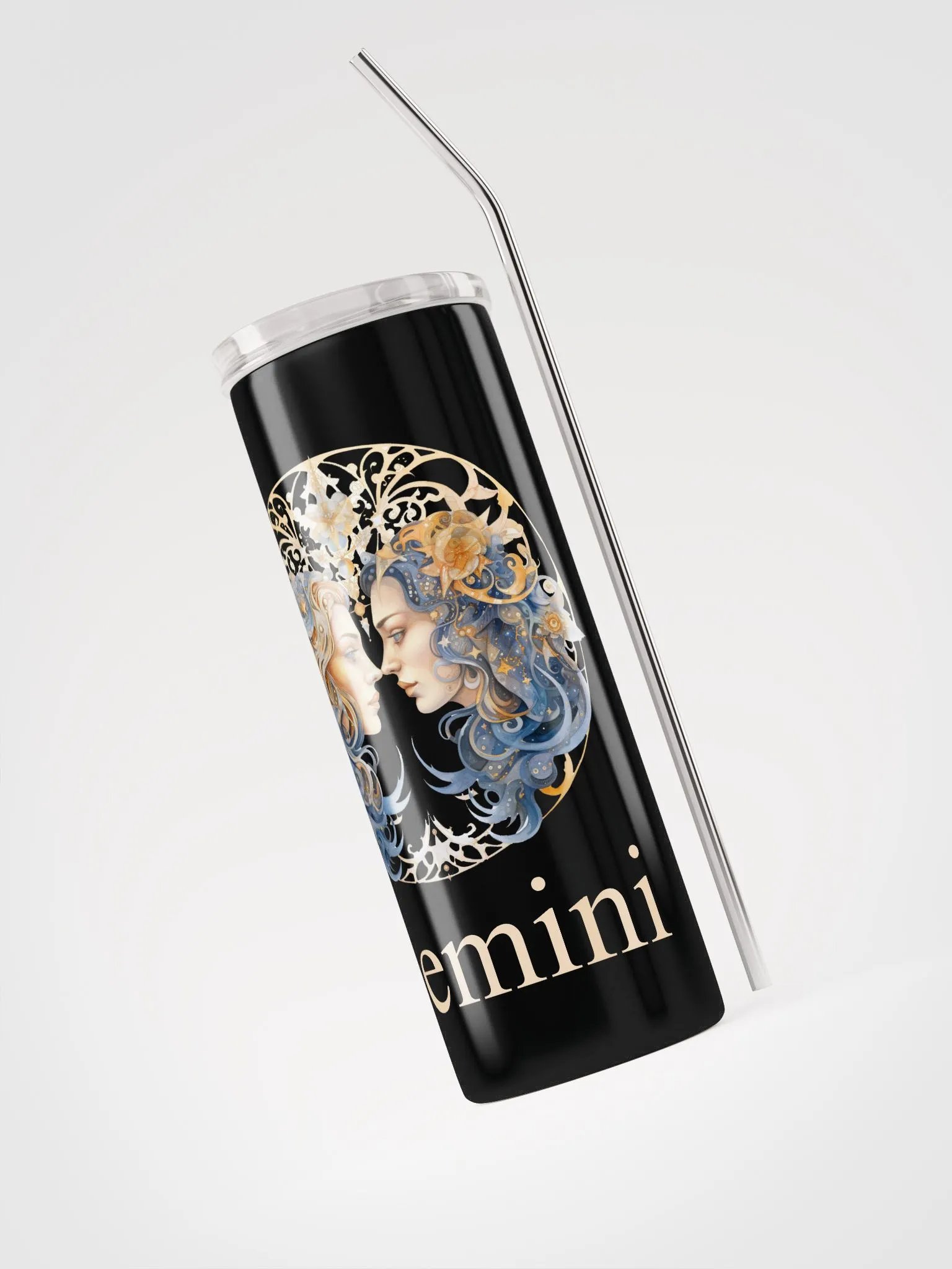 Illustrated Gemini Zodiac Stainless Steel Tumbler - 'Gemini' in Glamorous Gold product image (3)