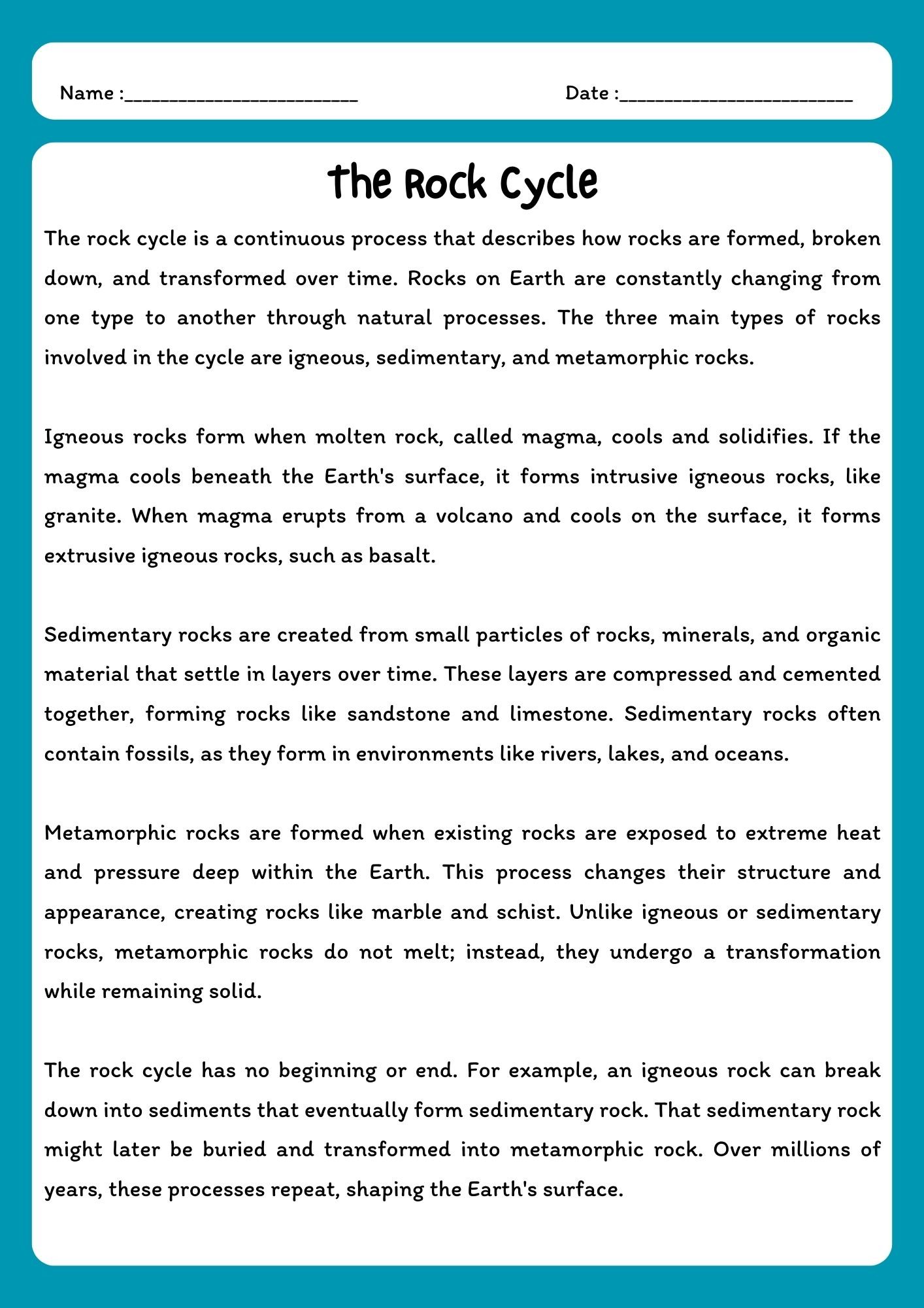 Rock Cycle Reading Comprehension Passage & Questions product image (1)