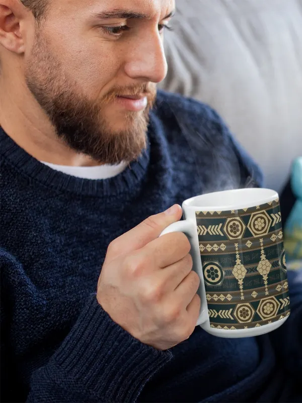 Rustic Southwestern Pattern Board Game Mug, Brown Blue Yellow 15 oz large mug with Aztek pattern product image (2)