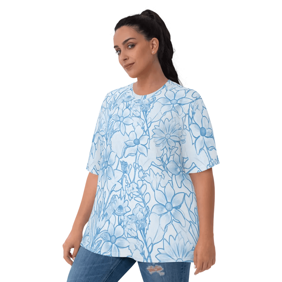 Line art Blue and White Floral/All-Over Print Women's Crew Neck T-Shirt by Sublicolor product image (9)