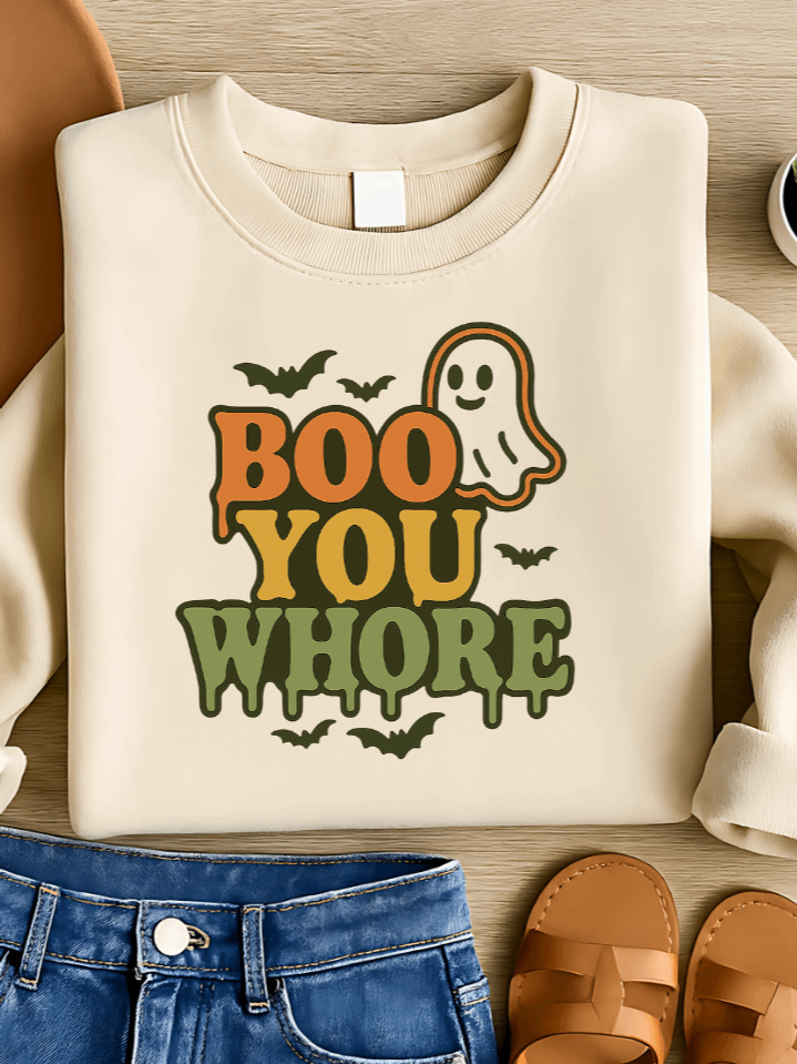 Boo You Whore Typography Sublimation PNG – Dripping Letter Clipart for T-Shirts – Retro Ghost & Bat Halloween Theme – 300 DPI Instant Digital Download product image (1)