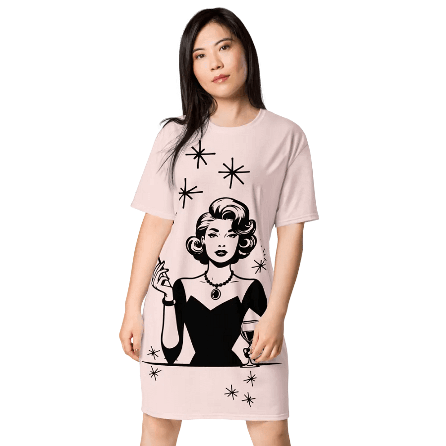 Retro Woman Drinking Wine T-Shirt Dress, Misty Rose product image (6)